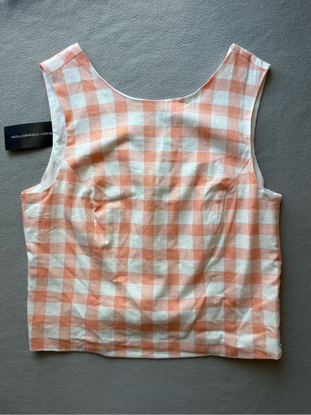 French Connection Peach/White Gingham Sleeveless Top V-neck Medium Linen Blend